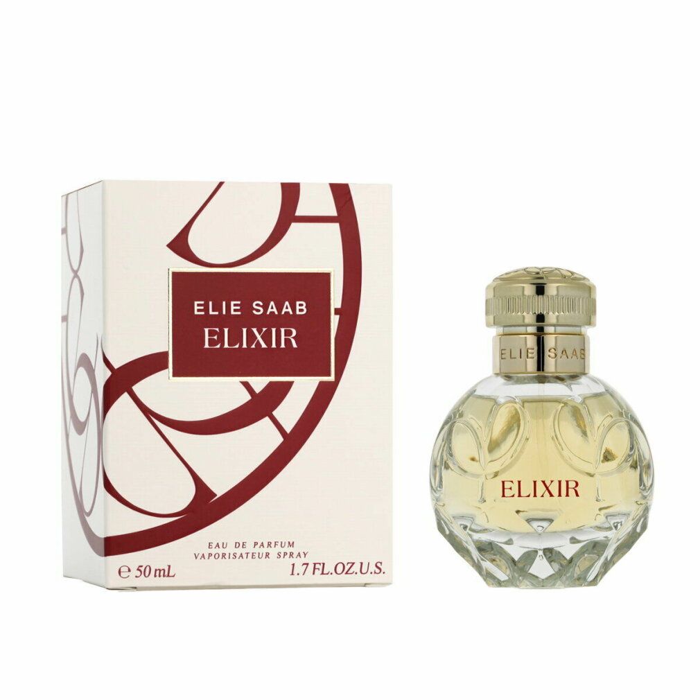 Flakon und Verpackung. Flakon rund, goldfarbener Verschluss, Aufschrift "ELIXIR" und "ELIE SAAB". Verpackung mit Logo.