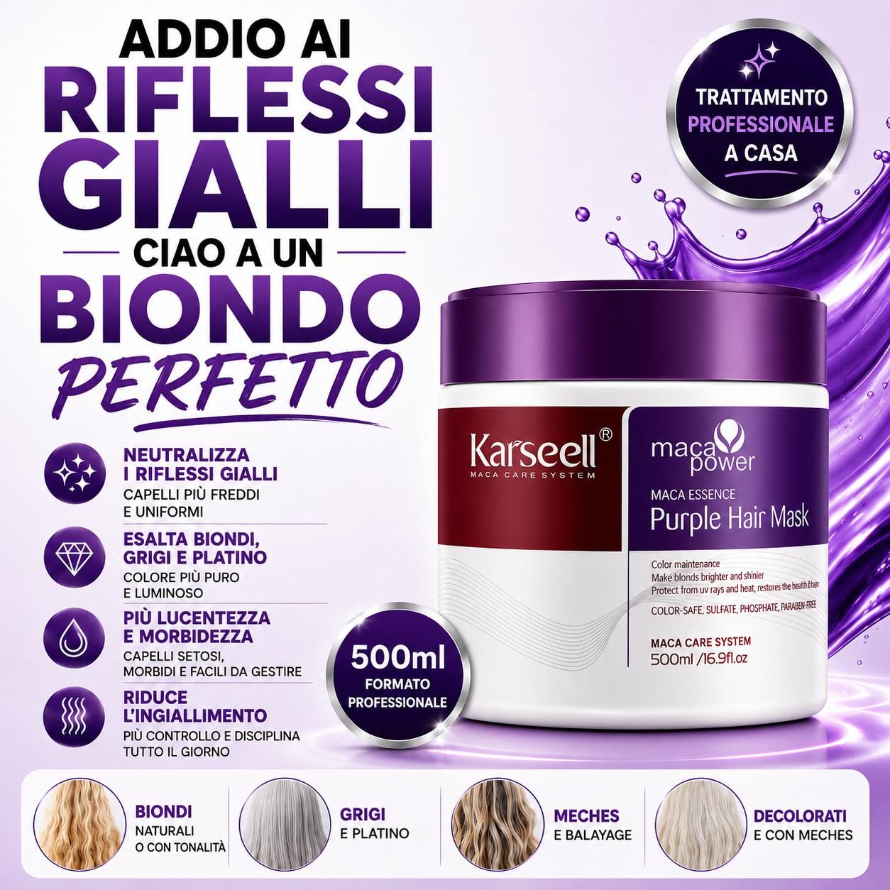 KARSEELL Violette Anti-Gelbstich-Haarmaske für Blond Platin und Grau