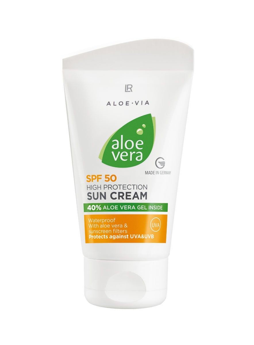 LR Aloe Vera Sun Cream SPF 50, High Protection, 40% Aloe Vera Gel Inside, waterproof, protects against UVA & UVB.