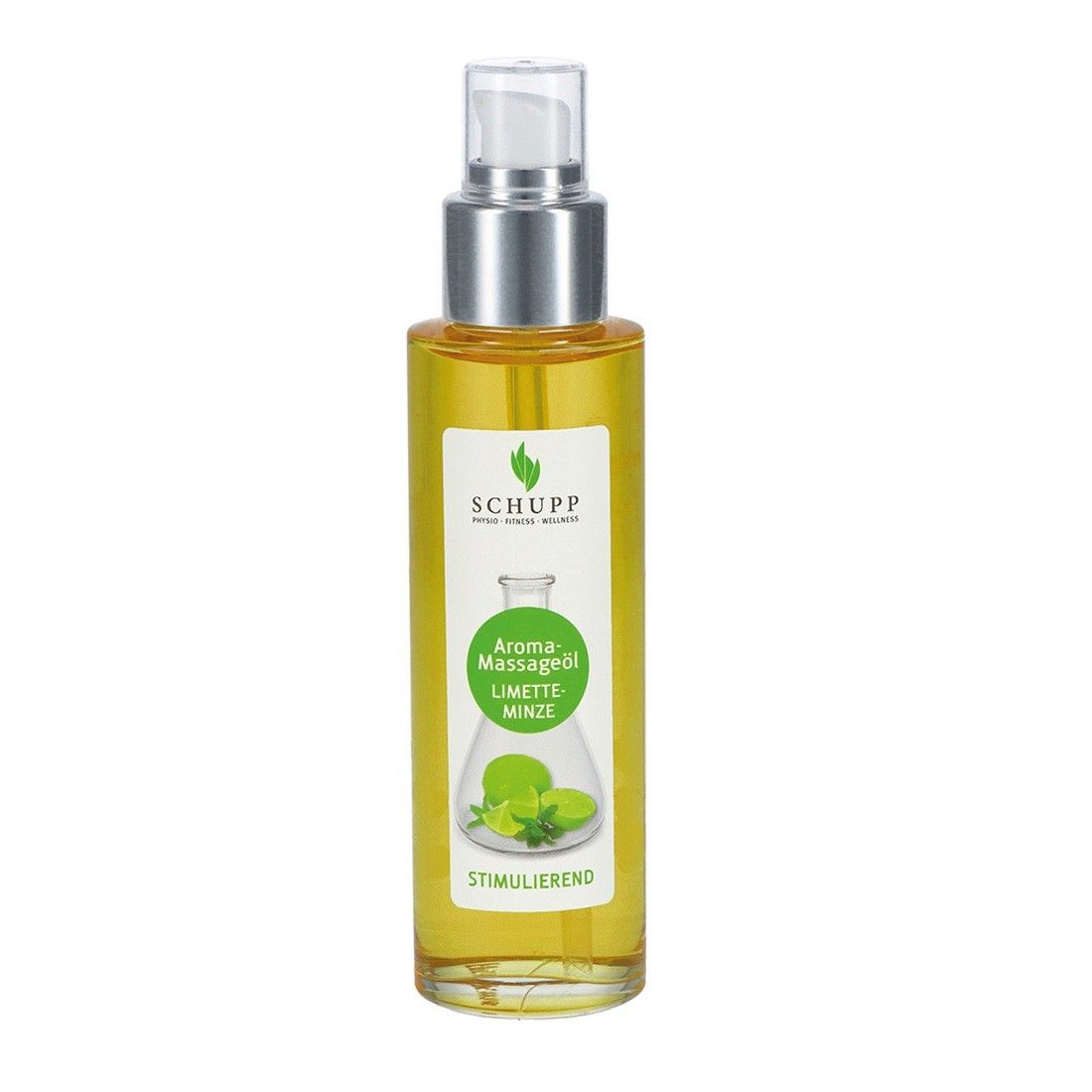 Schupp Aroma-Massageöl Limette-Minze. Glasflasche mit Sprühkopf. Etikett mit Produktnamen, Illustration von Limetten und Minze. "Stimulierend".