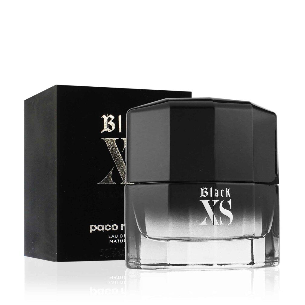 Schwarzer Flakon und Schachtel. Aufschrift Black XS und Paco Rabanne. Eau de Toilette.