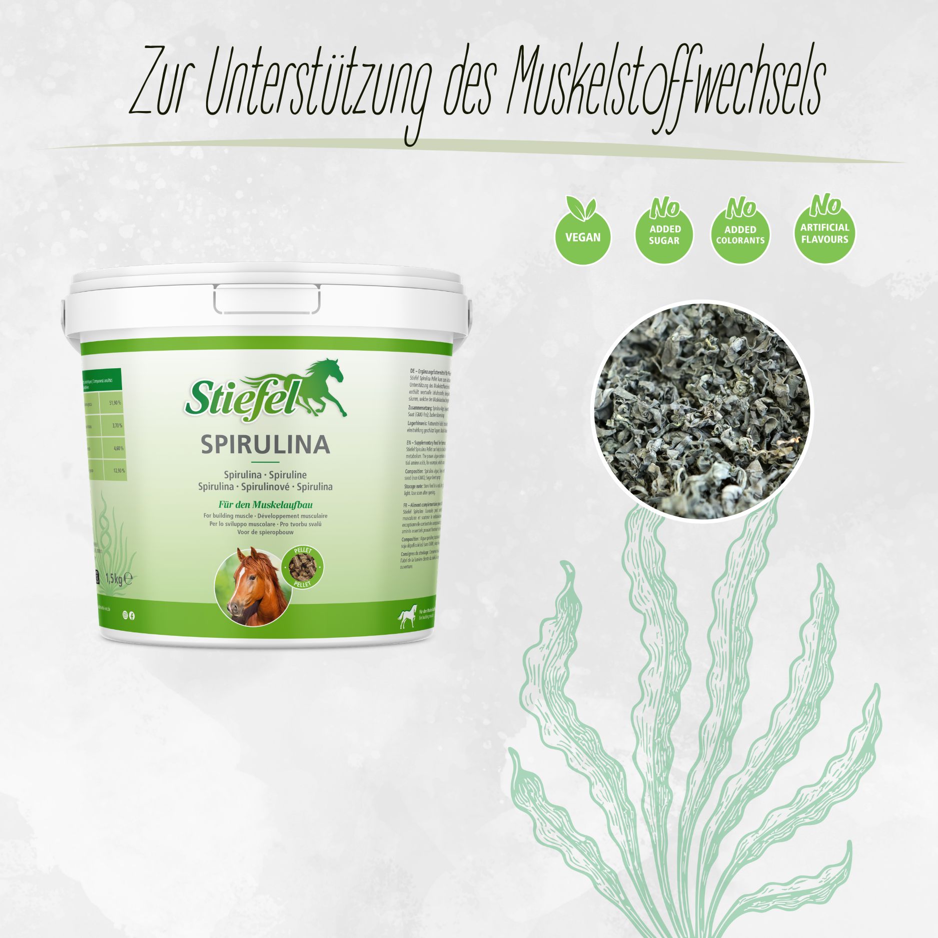 Weißer Eimer mit grünem Etikett. Aufschrift: Stiefel Spirulina. Abbildung von Pferd und Algen. Vegan, ohne Zucker, ohne Zusatzstoffe.