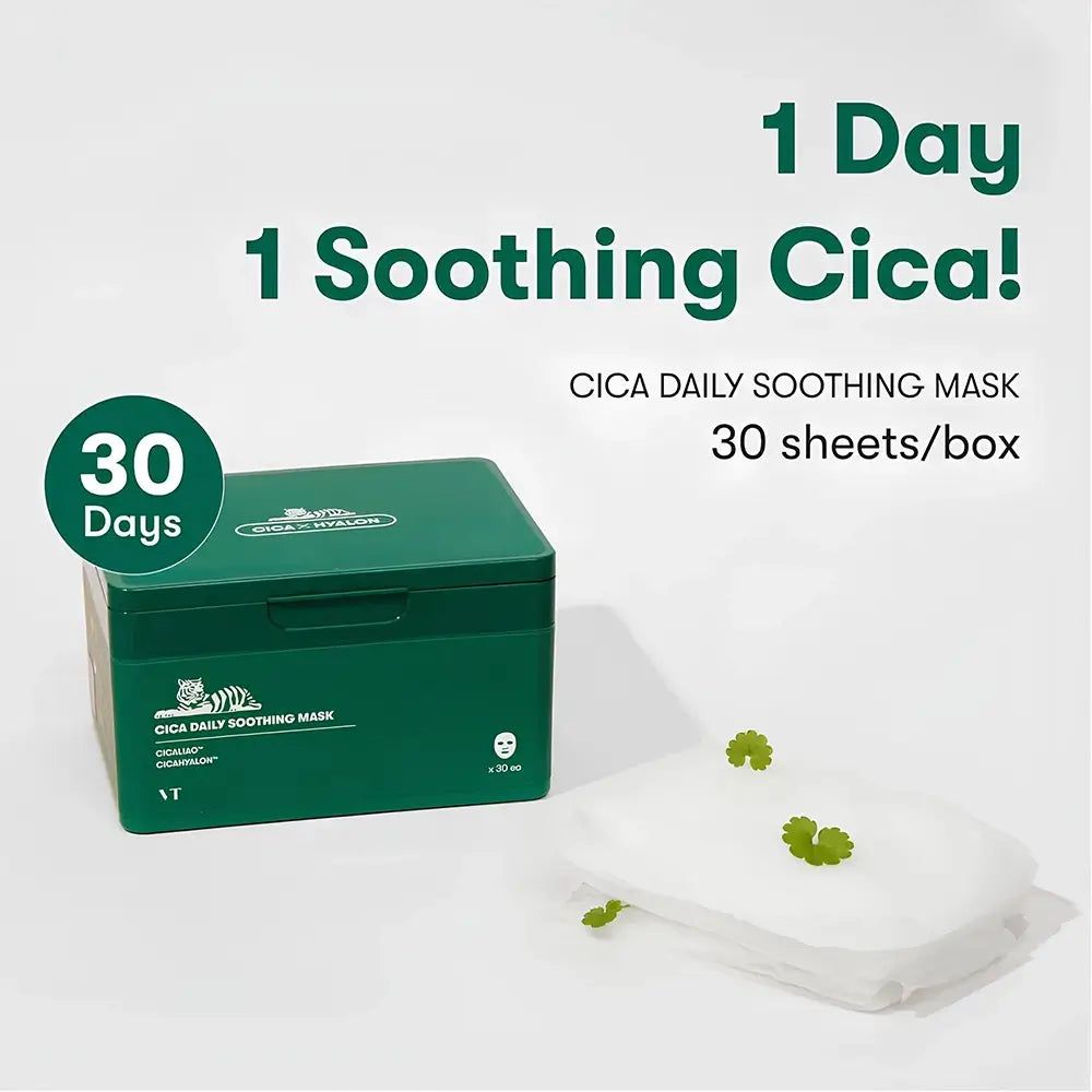 Grüne Box 'Cica Daily Soothing Mask' und Masken daneben. Text: 1 Tag, 1 Soothing Cica! 30 Tage.