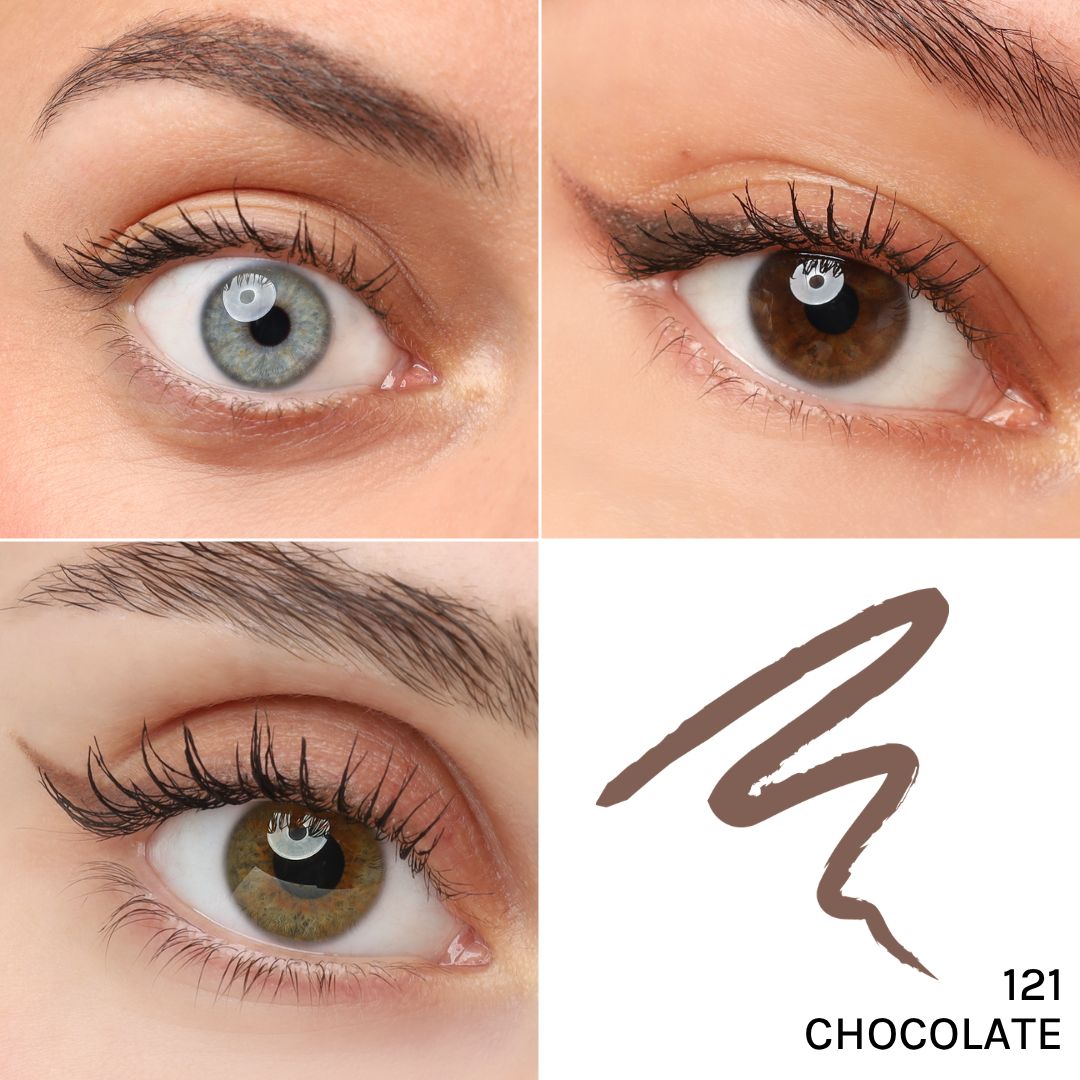 Vier Augen mit Kajal-Eyeliner. Farbton 121 Chocolate. Braune Farbe. Aufgetragen auf Augenlidern.