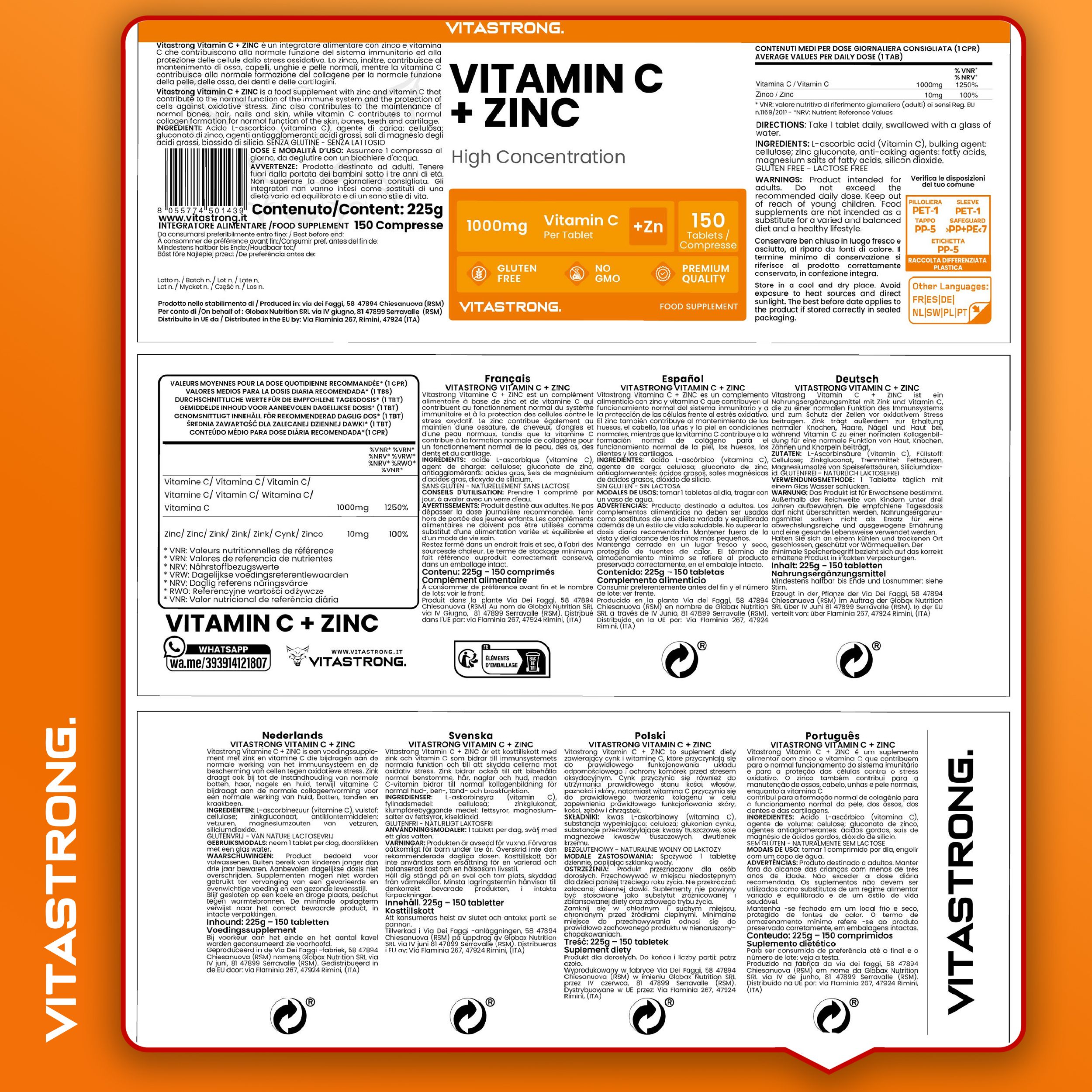 Vitastrong Vitamin C + Zink Flasche, Orangen. Text über die Vorteile für die Gesundheit.