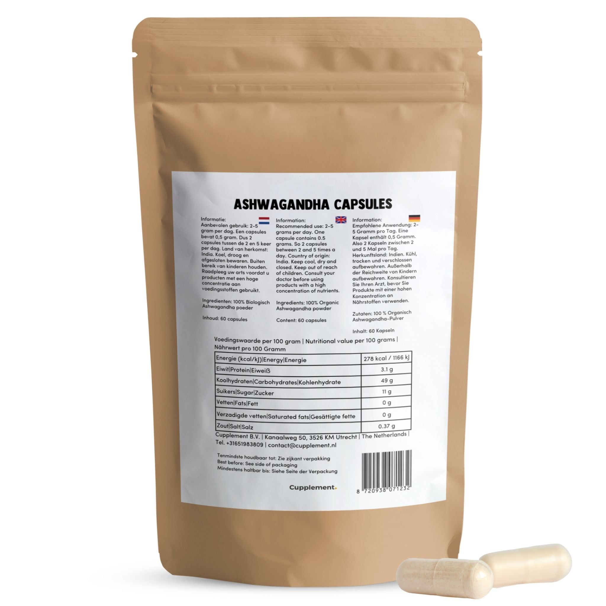 Beutel mit Ashwagandha-Kapseln. Aufschrift: Ashwagandha Capsules. Eine Kapsel liegt daneben. Text in Deutsch und Niederländisch.