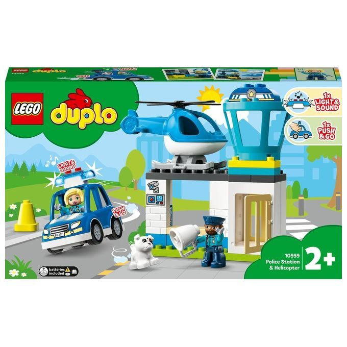 LEGO Duplo Polizeistation mit Hubschrauber. Set mit Polizeiauto, Hubschrauber, Figuren und Gebäude. Verpackung mit Logo und Altersempfehlung.
