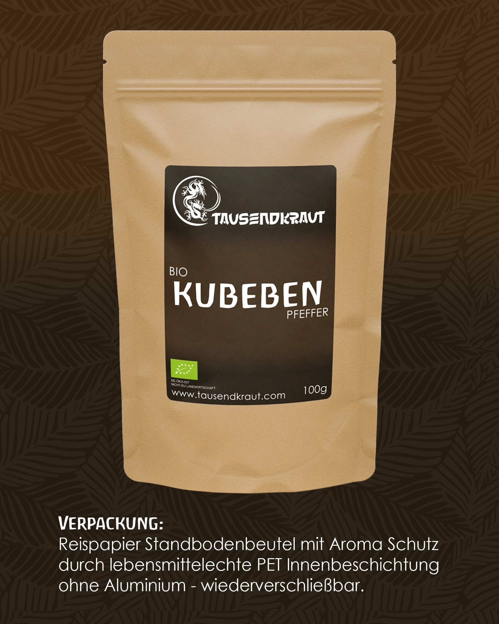 Beutel mit Tausendkraut Kubeben Pfeffer BIO. Schwarzes Etikett mit Logo und Produktbezeichnung. Bio-Siegel. 100g. Verpackungsinformationen.