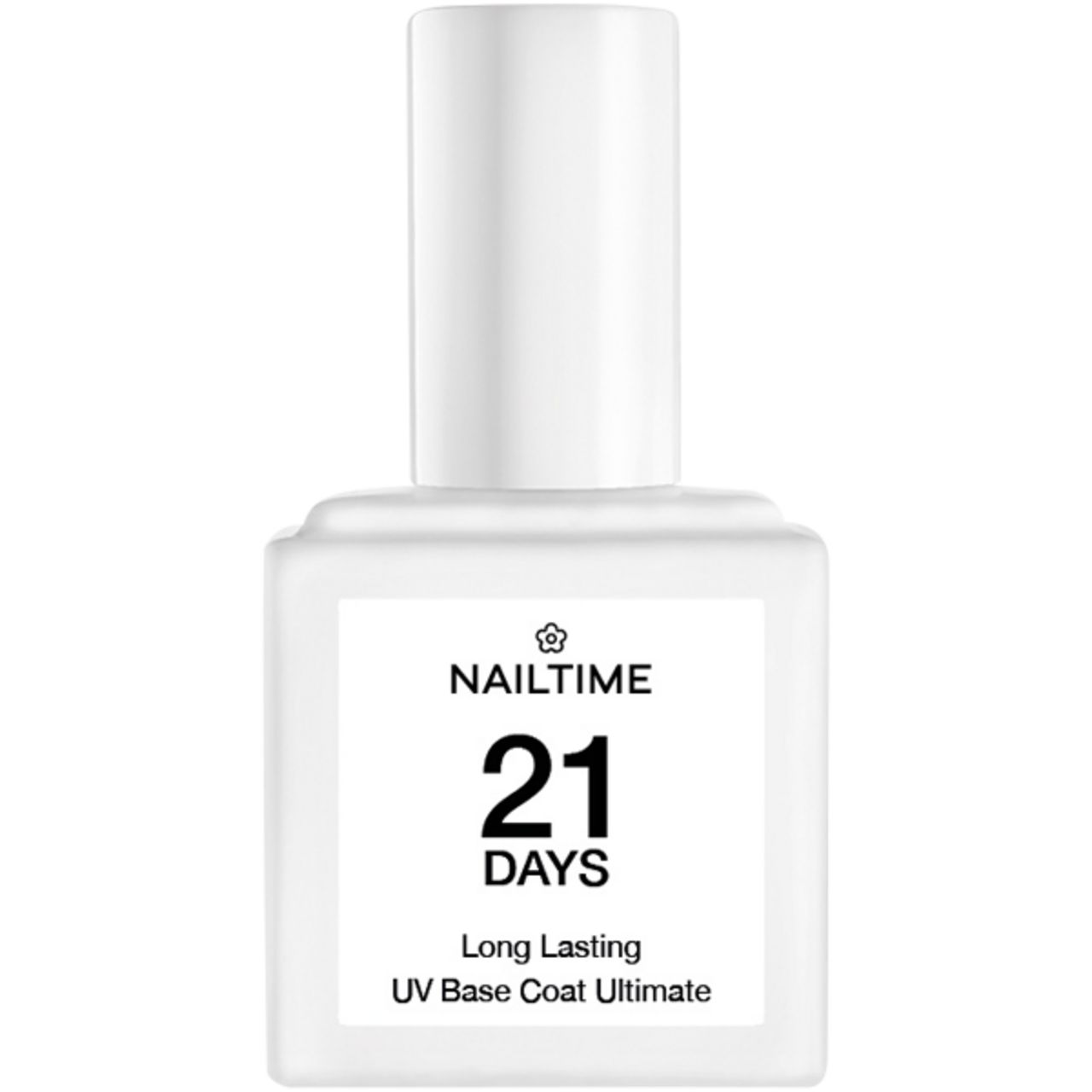 Weiße Flasche mit "Nailtime"-Etikett. "21 DAYS" und "UV Base Coat Ultimate" Text. Deckel oben.