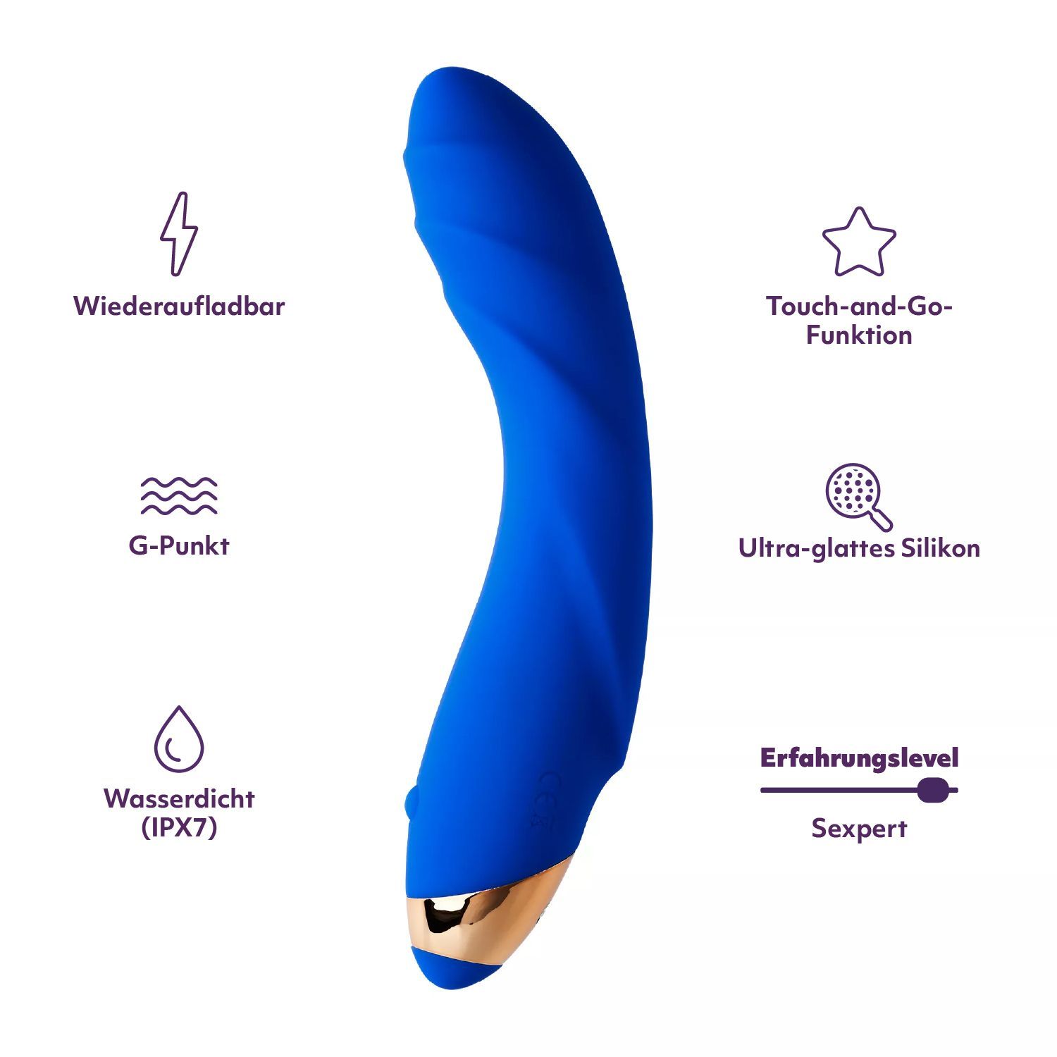 Blauer Vibrator mit Symbolen: Wiederaufladbar, G-Punkt, Wasserdicht (IPX7), Touch-and-Go, Silikon.