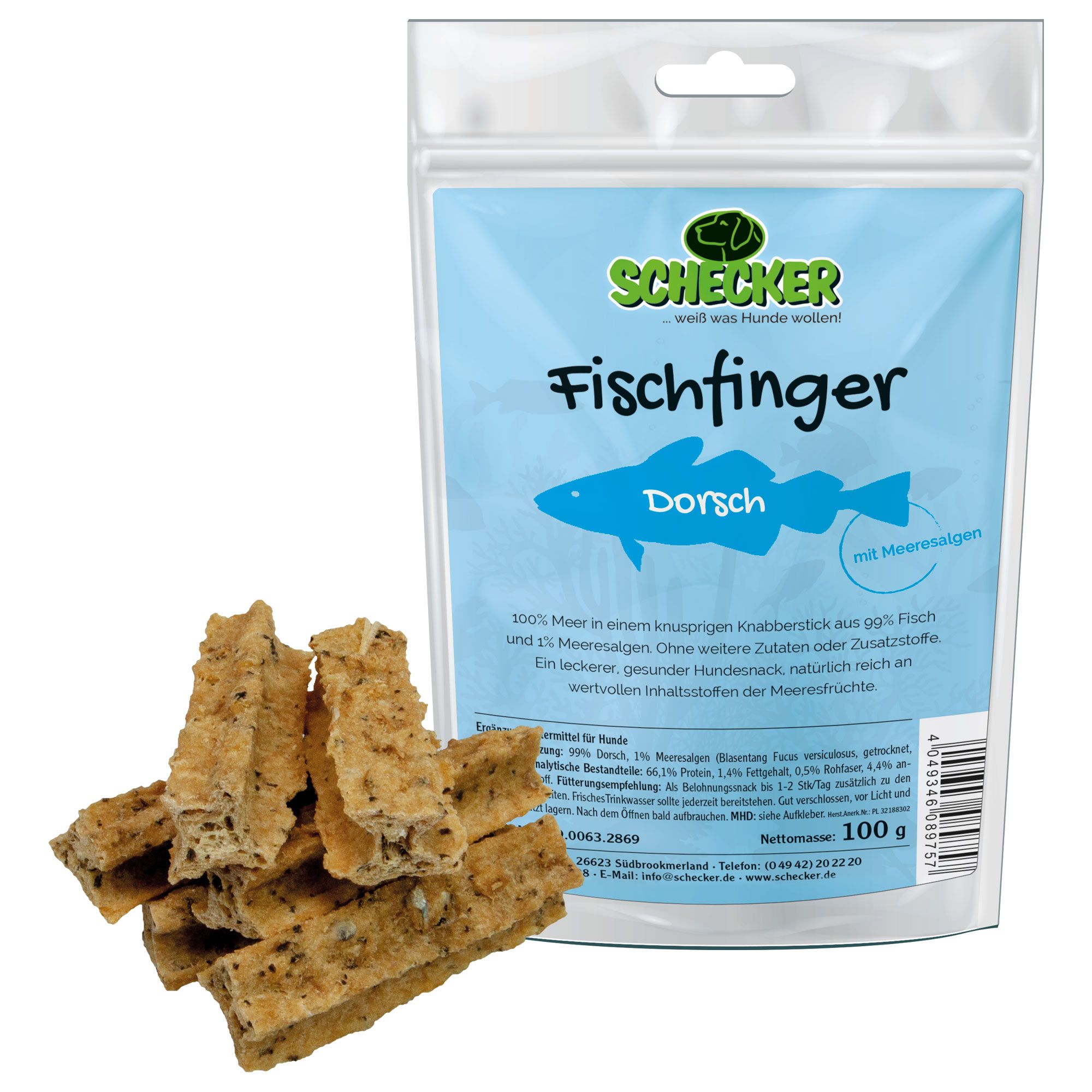 Beutel mit Fischfingern und Dorsch-Logo. Daneben liegen Fischfinger. Aufschrift: Schecker, Fischfinger, Dorsch, 99% Fisch.