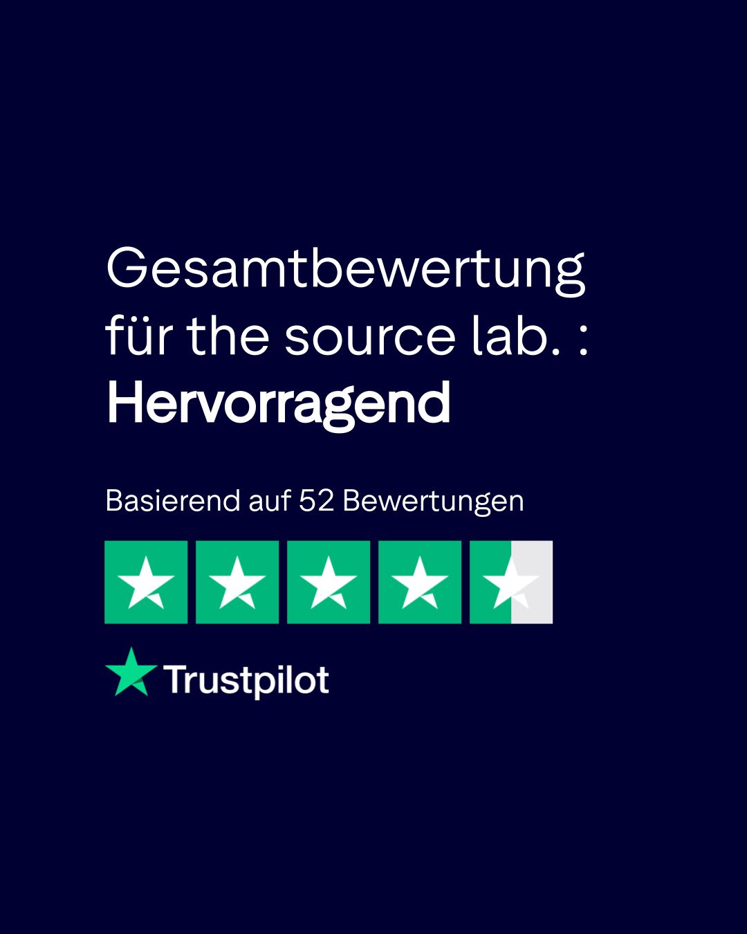 Blauer Hintergrund mit Text: Gesamtbewertung für the source lab.: Hervorragend. 5 Sterne Bewertung. Logo: Trustpilot.