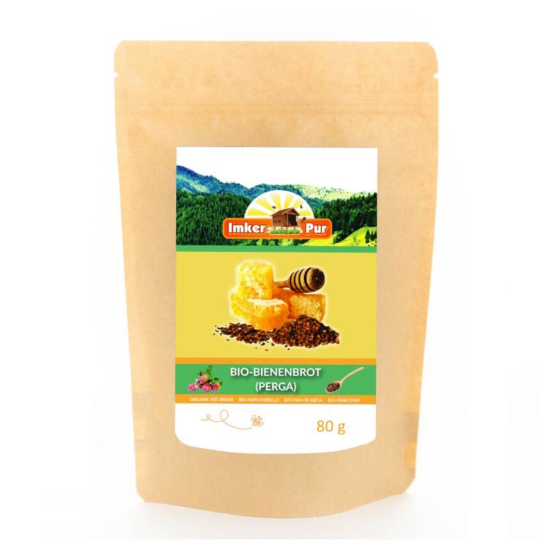 Beutel mit Aufdruck von ImkerPur Bio-Bienenbrot (Perga). Aufdruck mit Honigwabe und Bienenbrot. 80 g.
