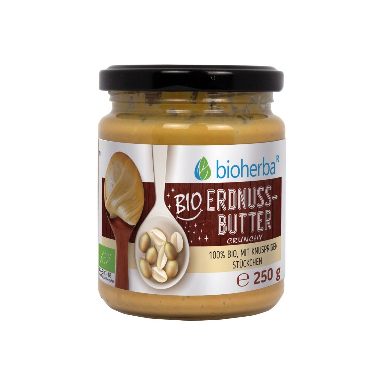 Glas mit Bio Erdnussbutter Crunchy. Schwarzer Deckel, Etikett mit Produktname, Bio-Siegel und Inhaltsangaben. 250g.