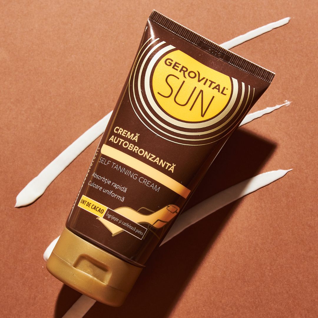 Braune Tube mit goldfarbenem Verschluss. Aufschrift: Gerovital Sun, Creme Autobronzanta, Self Tanning Cream. Weiße Streifen.