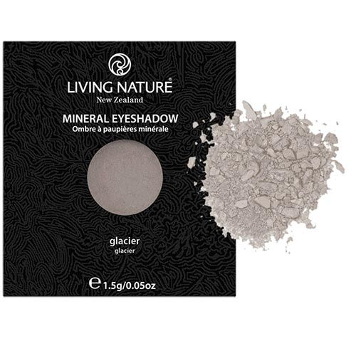 Mineral-Lidschatten, grau. Marke: Living Nature. Text: glacier. Verpackung mit 1,5 g.