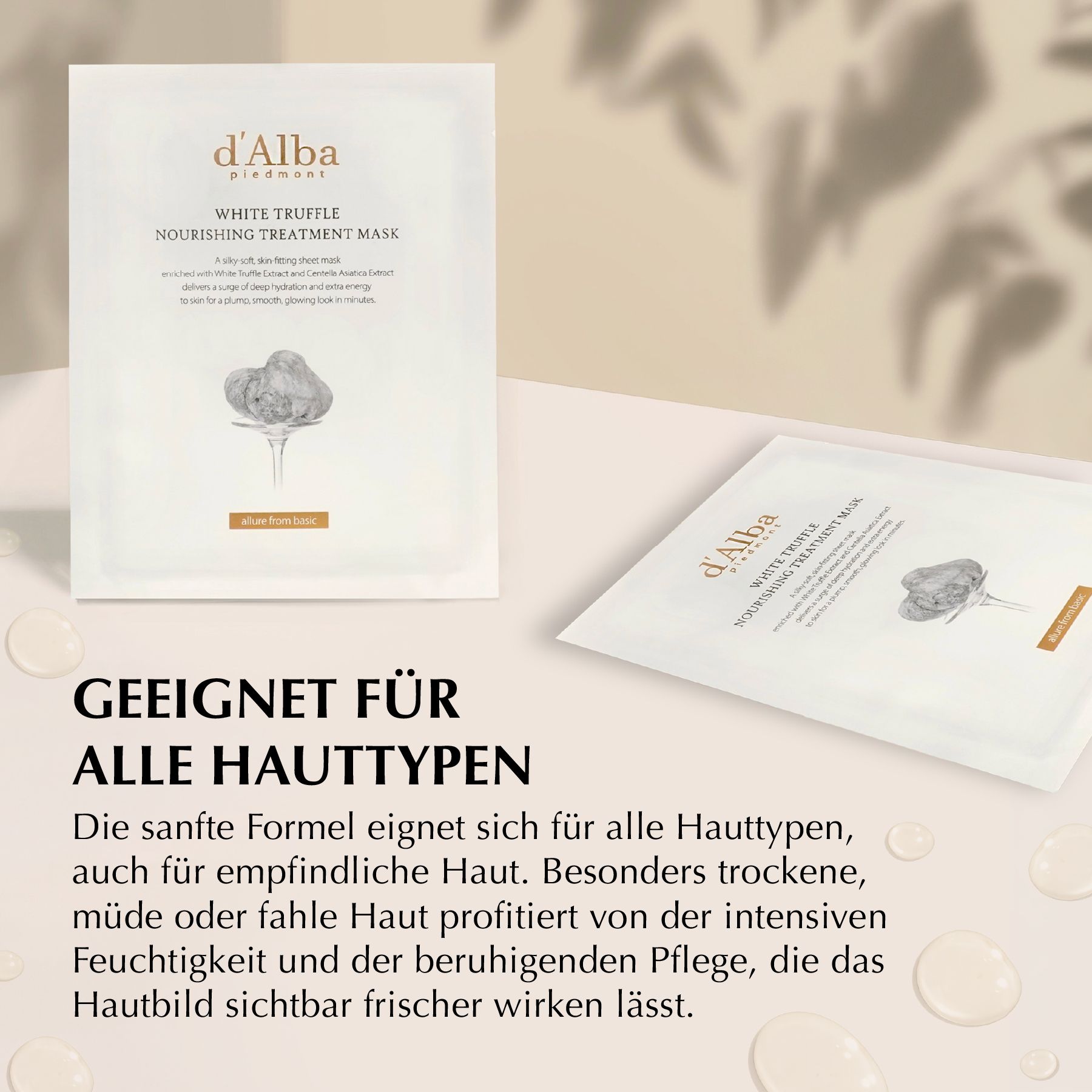 d'Alba White Truffle Mask. Zwei Maskenverpackungen. Text: Geeignet für alle Hauttypen. Sanfte Formel.