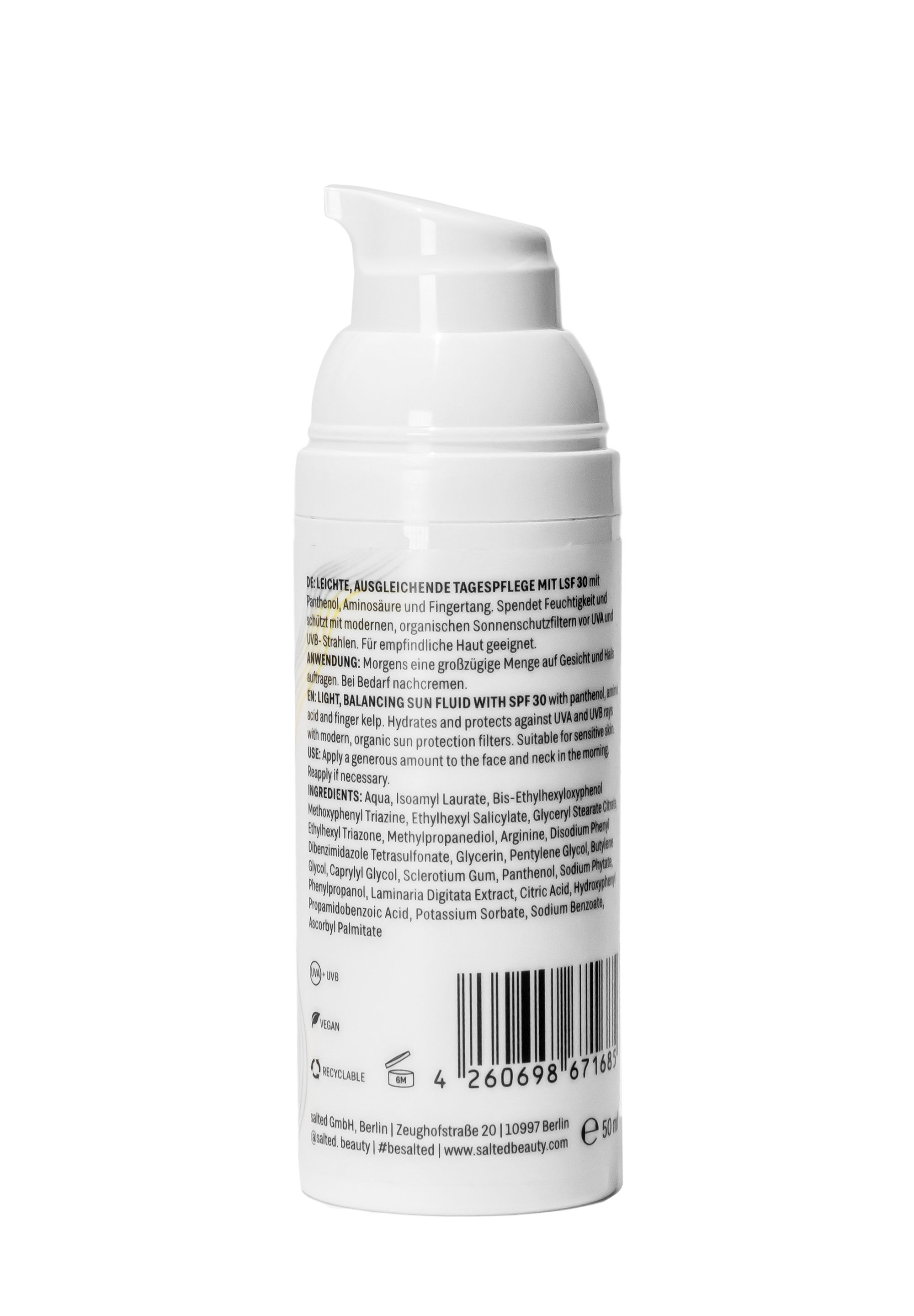 Weiße Flasche mit Produktinformationen und Barcode. Text: 'Ausgleichende Tagespflege mit LSF 30'.