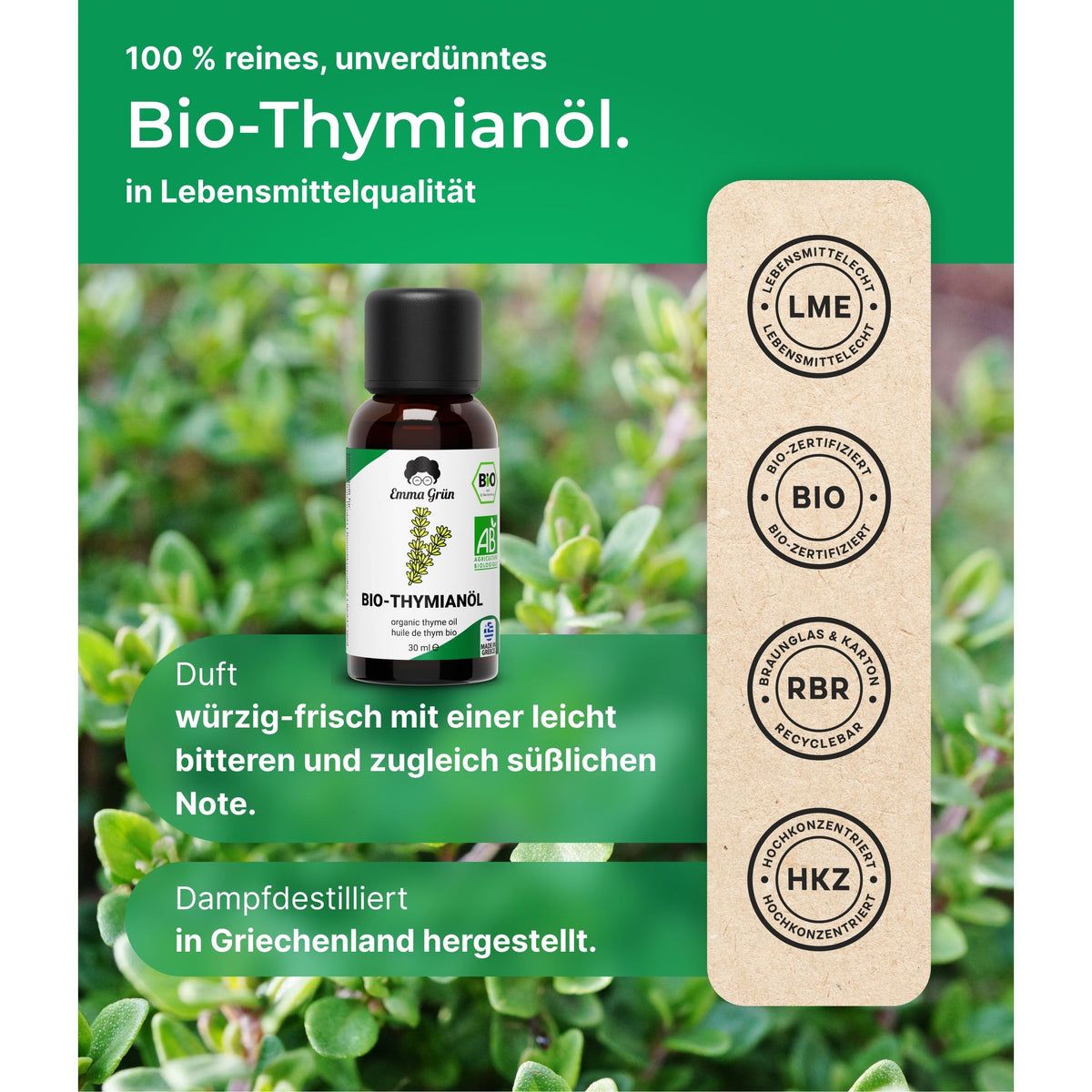 Emma Grün® Set ätherisches Bio Thymianöl naturrein & hochdossiert 30 ml ...