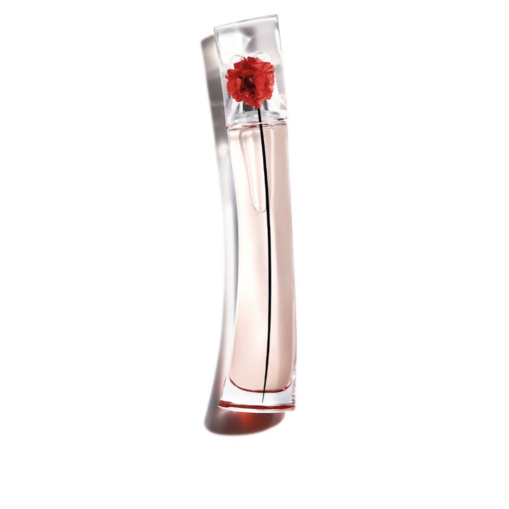 Flakon mit roter Blume. Transparenter Flakon. Schwarze Linie. Klarer Deckel.