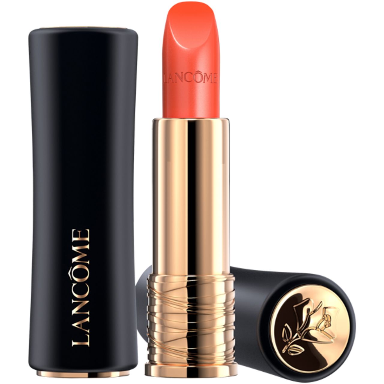 Lippenstift mit schwarzer Hülle und goldfarbenem Gehäuse. Der Lippenstift ist orange. Auf dem Lippenstift steht "LANCOME".