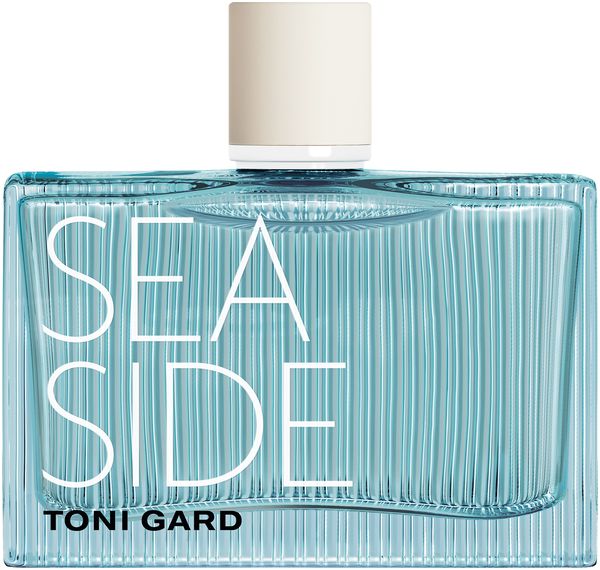 Hellblaues Parfümflakon mit weißem Deckel. Aufschrift SEA SIDE und TONI GARD.
