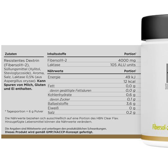 Nährwerttabelle mit Inhaltsstoffen für "HBN Clean Flav". Enthält u.a. Fibersol-2, Laktase, Fett, Kohlenhydrate, Salz.