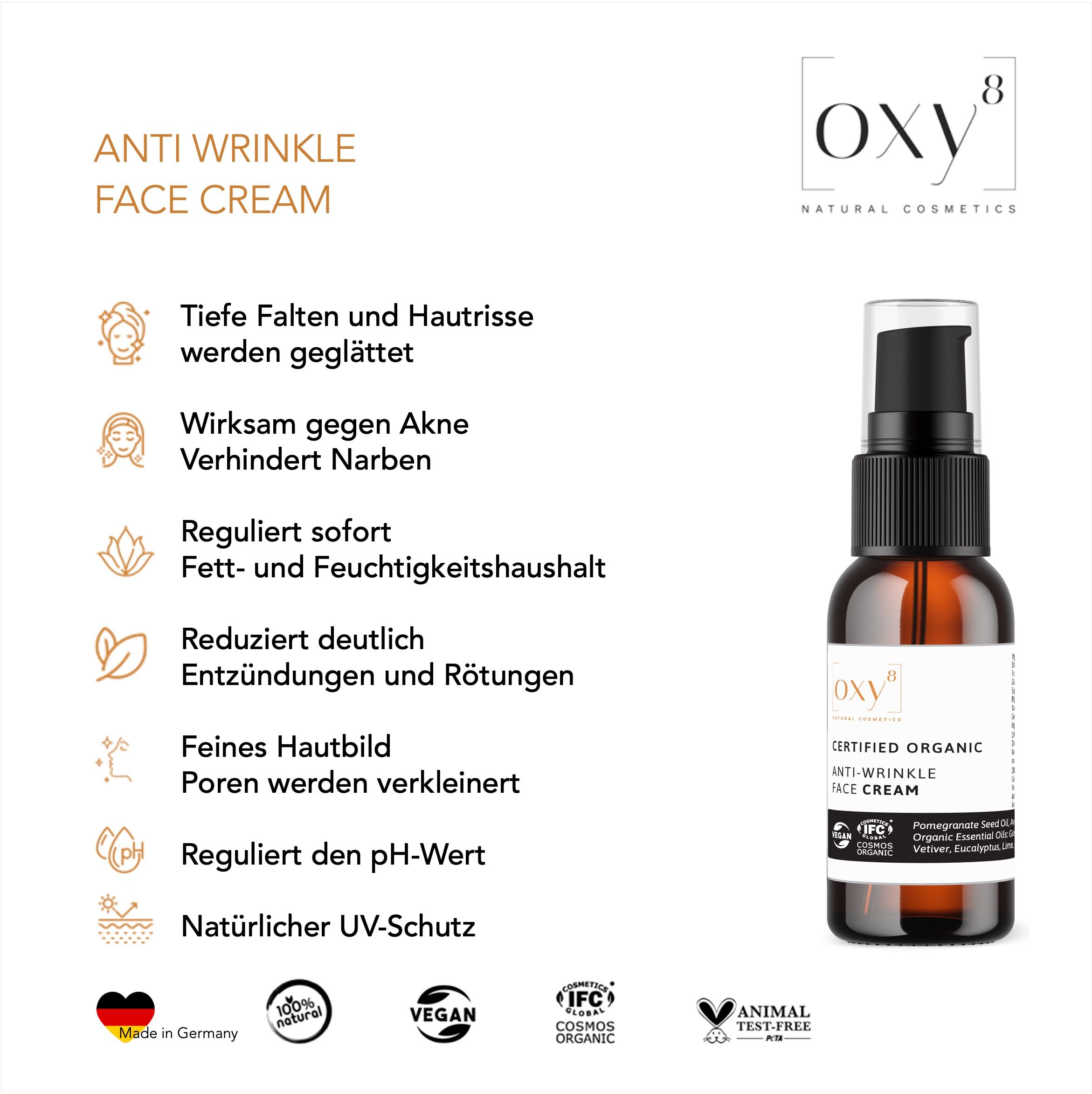 oxy8 Naturkosmetik ANTI WRINKLE FACE CREAM - Anti Aging. Antifalten Creme. Glättet tiefe Falten.