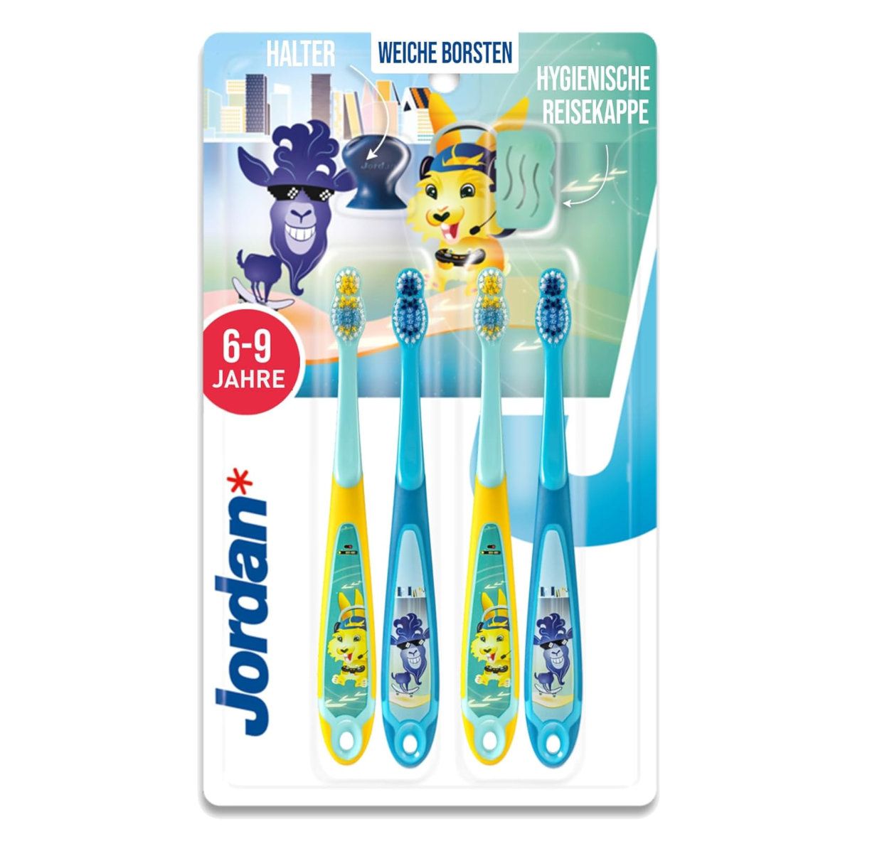 Packung mit vier Kinderzahnbürsten. Blaue, gelbe und türkisfarbene Griffe mit Tierfiguren. "Jordan"-Logo.
