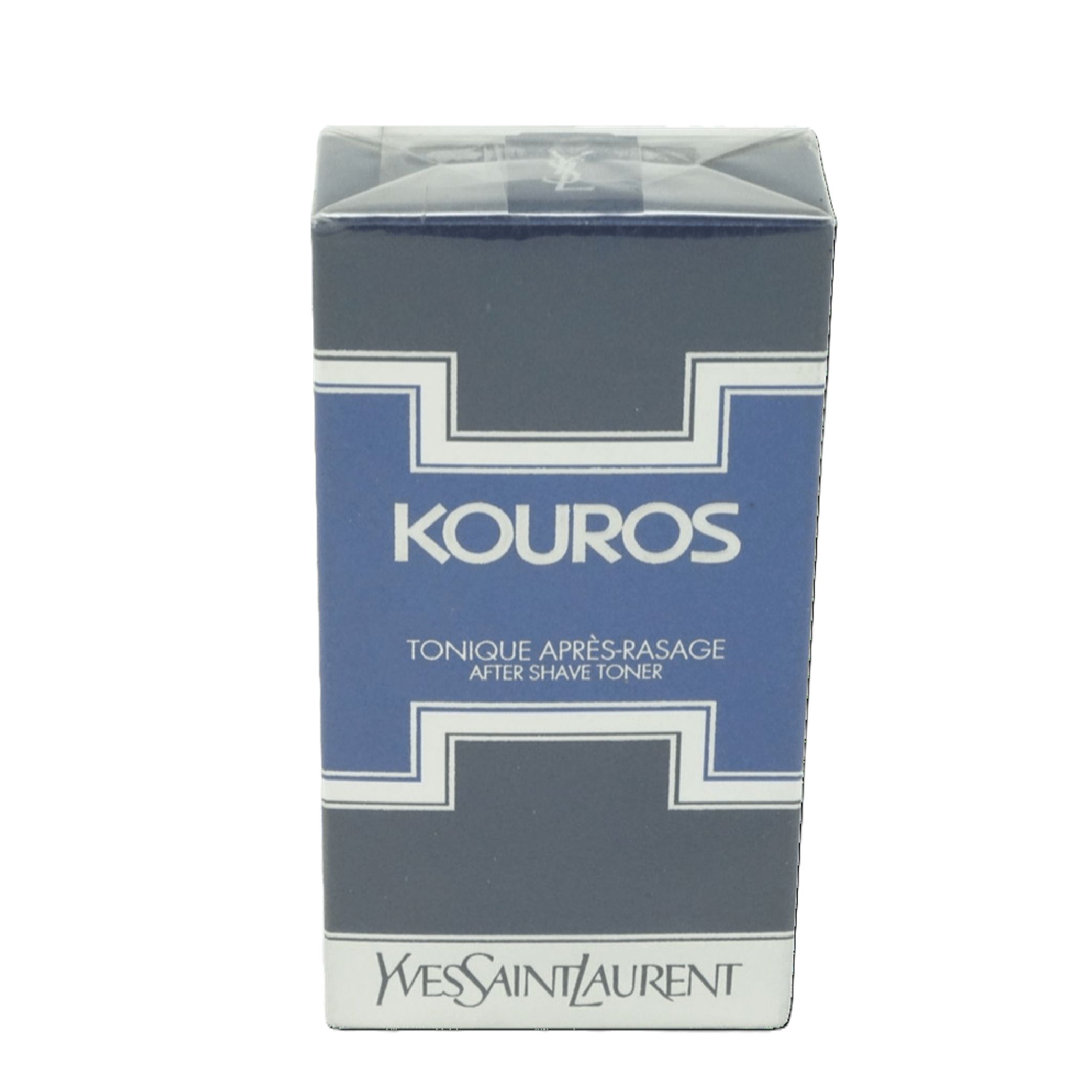 Kartonverpackung. Blauer Hintergrund mit weißem Schriftzug „KOUROS“. Unterhalb „TONIQUE APRÈS-RASAGE“ und „AFTER SHAVE TONER“. Marke: Yves Saint Laurent.