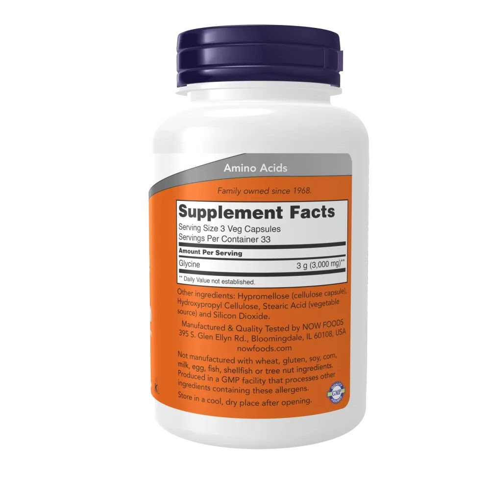 Rückseite einer weißen Flasche mit blauem Deckel. Orangefarbenes Etikett mit "Supplement Facts". Enthält Glycin und andere Inhaltsstoffe.