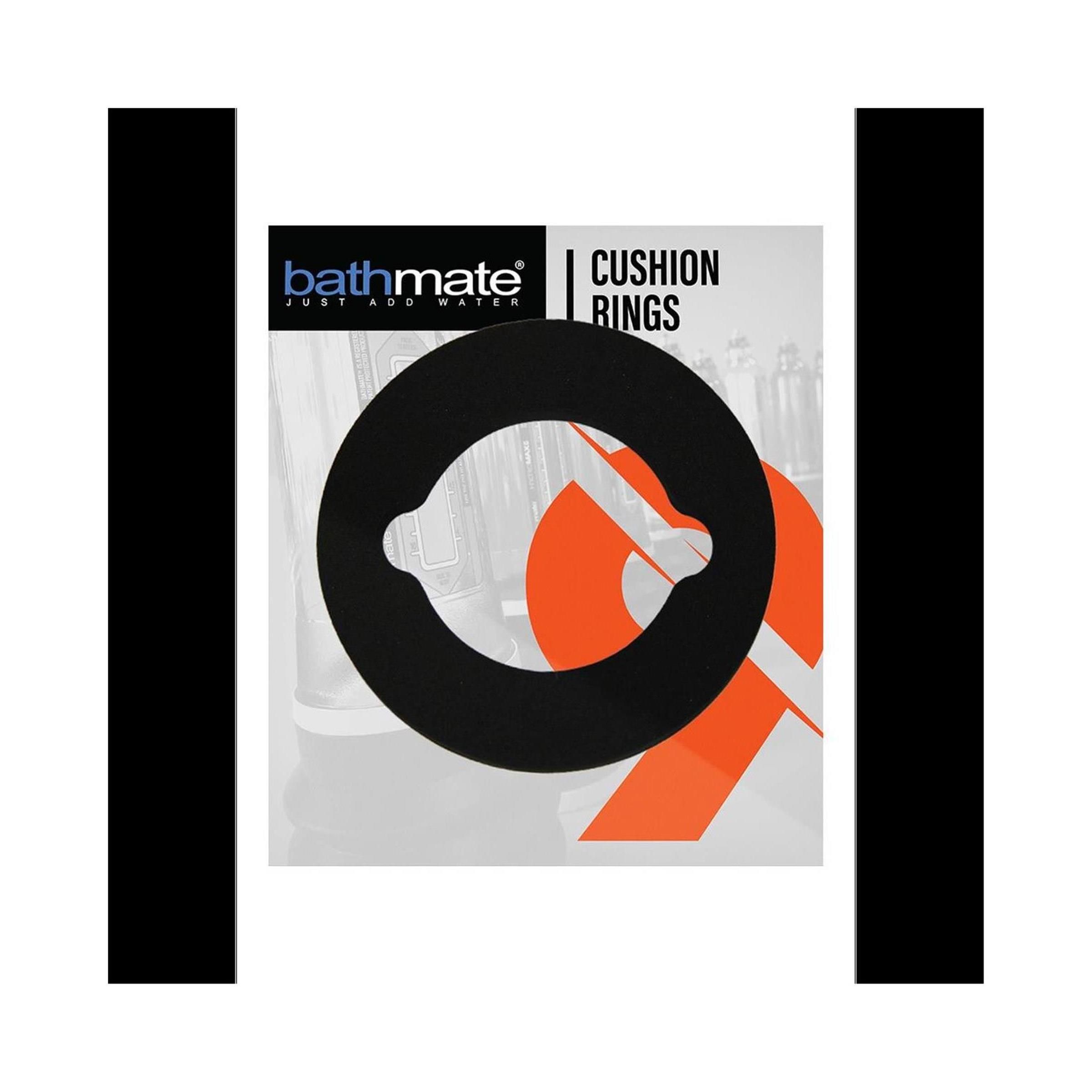 Schwarzer Ring mit Aussparungen, auf Verpackung. Schriftzug "Bathmate" und "Cushion Rings".