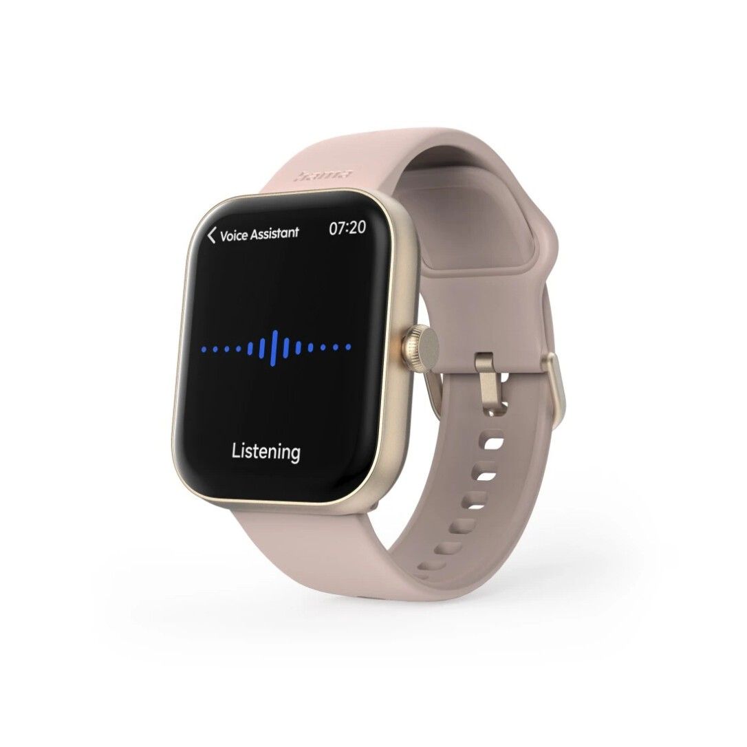 Roséfarbene Smartwatch mit goldfarbenem Gehäuse. Das Display zeigt eine Sprachassistenten-Oberfläche.
