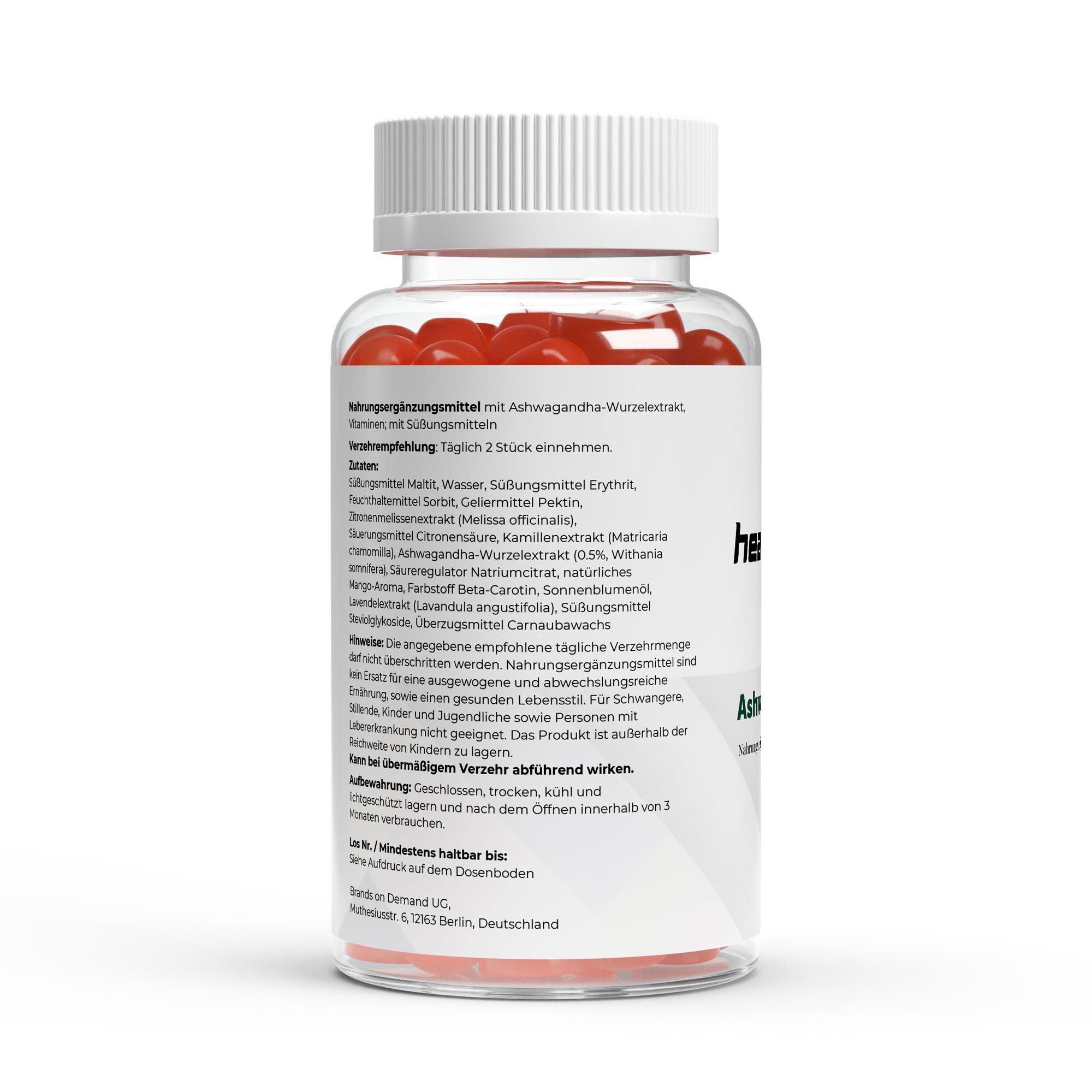 Transparente Flasche mit roten Gummibärchen. Aufkleber mit Nährwertangaben und Verzehrempfehlung. Enthält Ashwagandha-Wurzelextrakt. 60 Gummies.