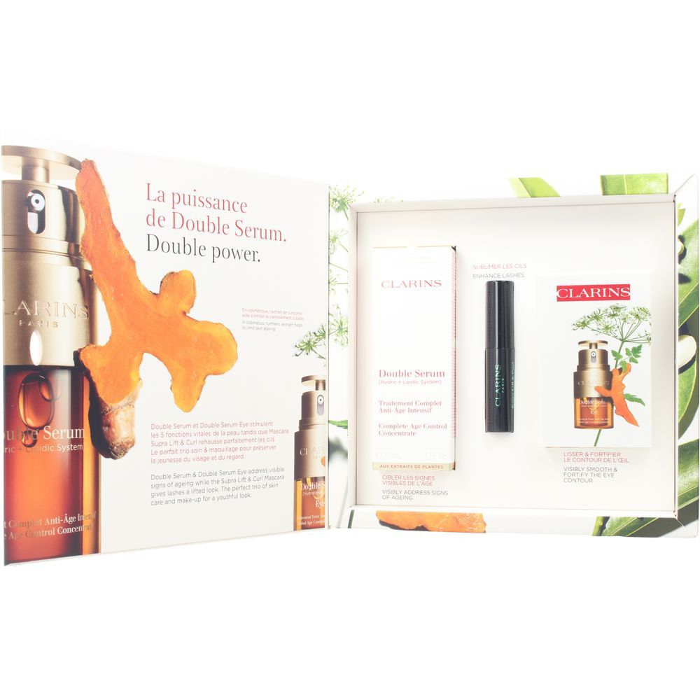 Geschenkset mit Clarins Double Serum Eye. Enthält Serum, Mascara und Probe. Verpackung mit floralem Muster.