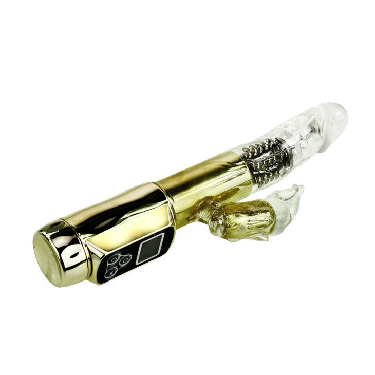 Goldfarbener Vibrator mit transparentem Kopf und Hasenohren. Mit Bedienfeld und Display.