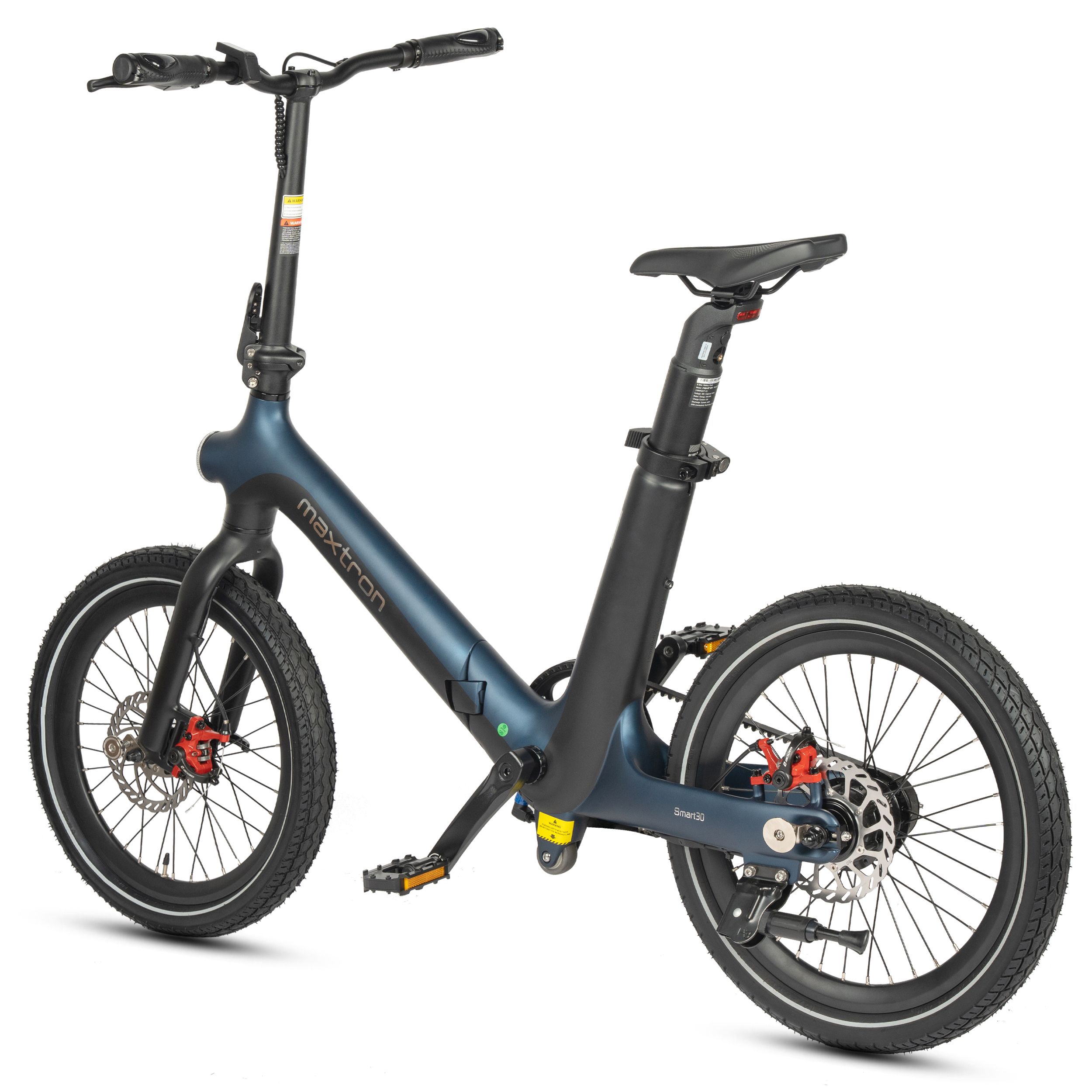 Faltbares Elektrofahrrad mit blauem Rahmen. MAXTRON-Logo sichtbar. Schwarze Reifen, Sattel und Lenker.