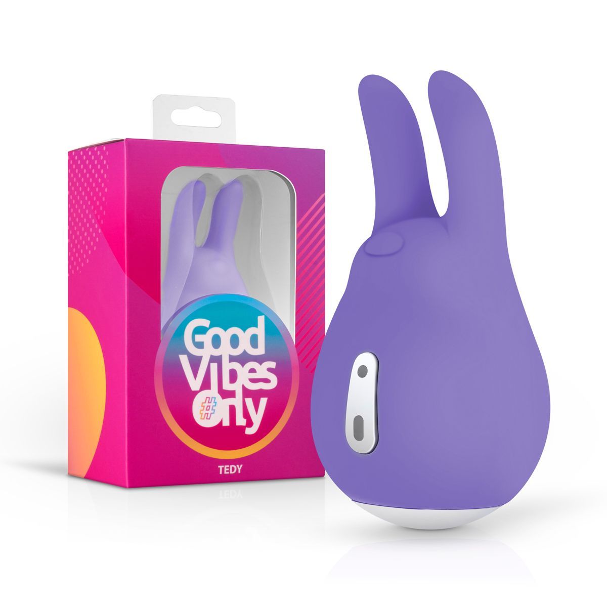 Lila Auflegevibrator mit Hasenohren, in Verpackung. Marke: Good Vibes Only, Modell: Tedy. Rosa-lila Verpackung.