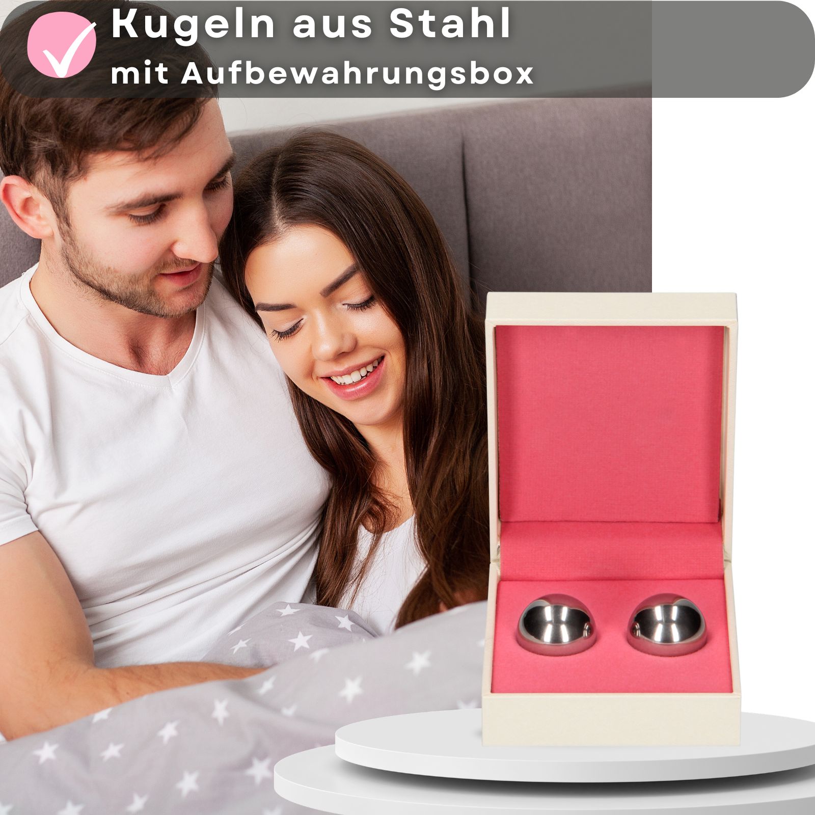 Zwei Metallkugeln in einer Box. Paar im Bett. Aufschrift: Kugeln aus Stahl mit Aufbewahrungsbox.