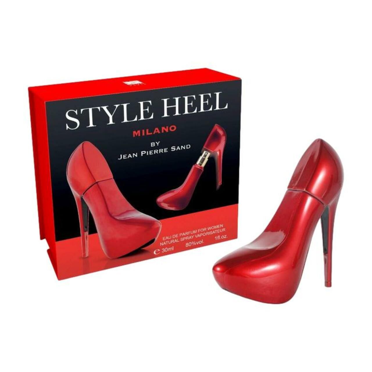 Roter Pumps-Parfümflakon und Verpackung. Aufschrift: Style Heel Milano by Jean Pierre Sand. Schwarze Box.
