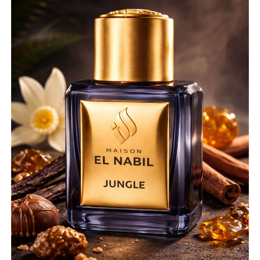 Dunkelblaue Glasflasche mit goldfarbenem Deckel. Goldfarbenes Etikett mit Schriftzug "MAISON EL NABIL JUNGLE".