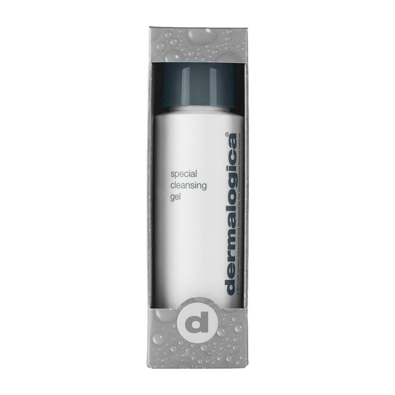 Produkt in Verpackung. Weiße Flasche mit grauem Deckel. Aufschrift: 'special cleansing gel' und 'dermalogica'.