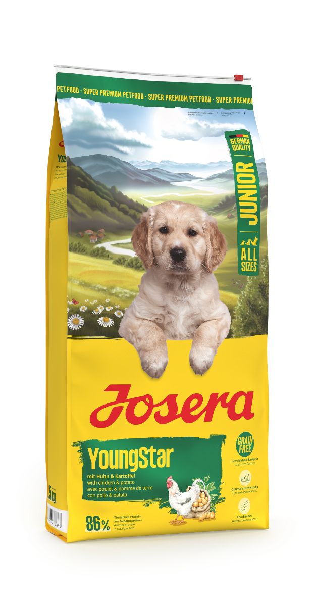 Gelbe Verpackung mit Welpen, Produktname und Huhn-Kartoffel-Zusammensetzung. Enthält 86% tierische Proteine.