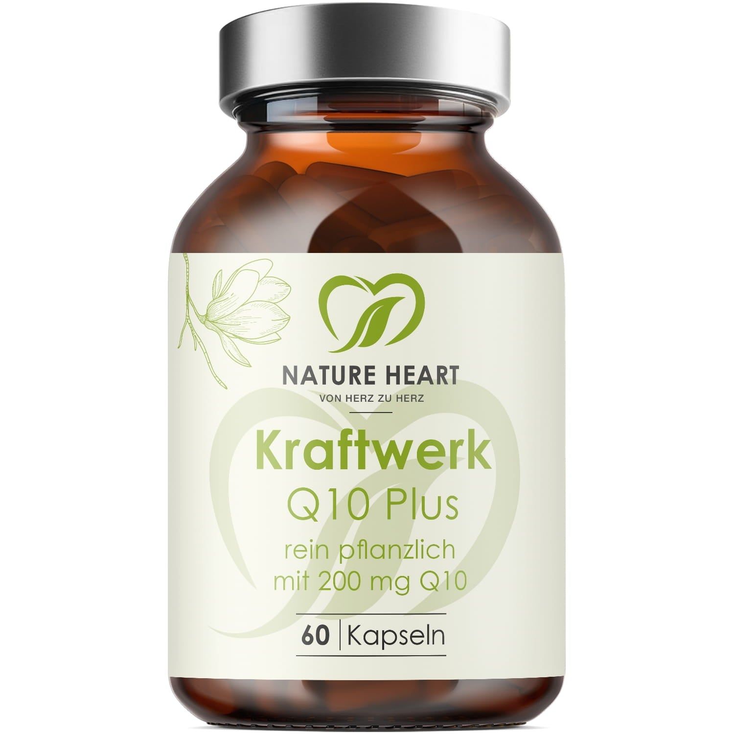 Braune Glasflasche mit Kapseln. Aufschrift: Kraftwerk Q10 Plus, 60 Kapseln. Logo: Nature Heart.