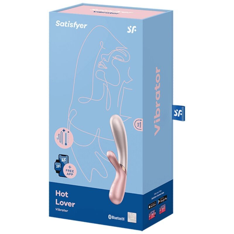 Verpackung. Blau-weiß. Produkt: 'Satisfyer Hot Lover'. Vibrator abgebildet. Text: 'Vibrator', 'Bluetooth'.