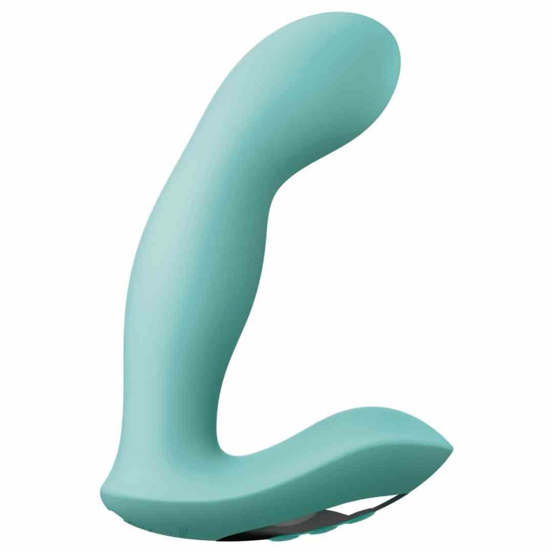 Türkisfarbenes Wellness-Produkt mit geschwungener Form. Unterseite mit dunklem Element.