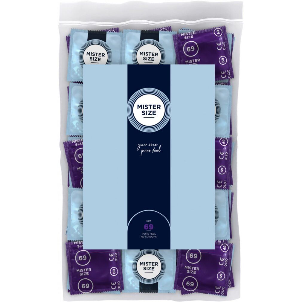 Beutel mit Kondomen. "Mister Size 69" ist sichtbar. Einzelne Kondome in hellblauen und violetten Folien verpackt.