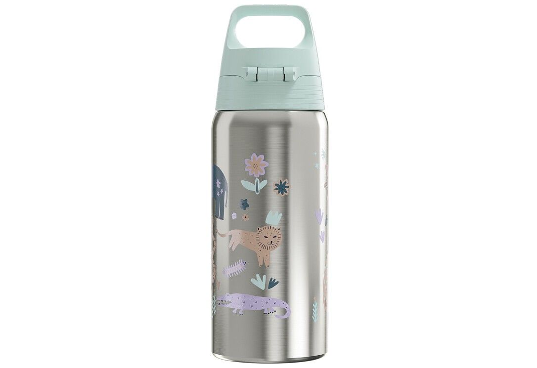 Edelstahl-Trinkflasche mit mintfarbenem Deckel. Mit Tier- und Blumendekor. Der Deckel hat einen Griff.