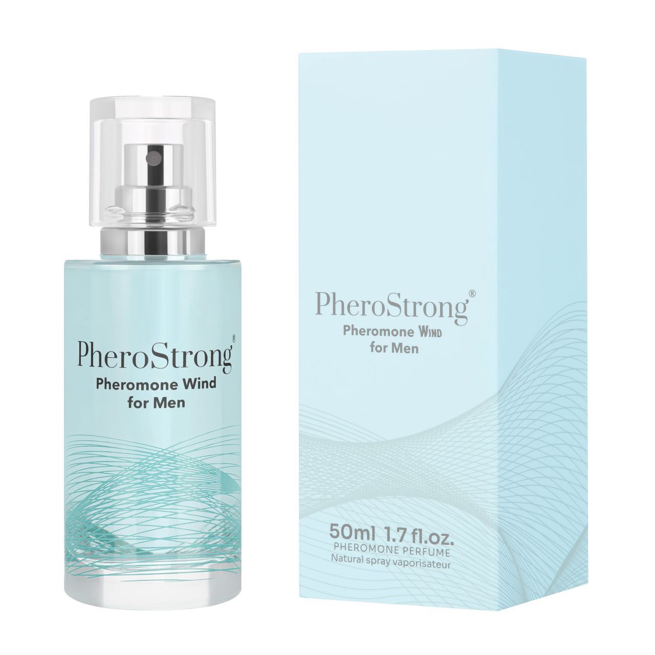 Flakon und Verpackung. Aufschrift: PheroStrong Pheromone Wind for Men. Wellenmuster. 50ml.