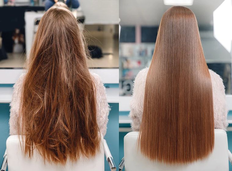 Vorher-Nachher-Vergleich von Haaren: links unordentlich, rechts glatt und glänzend.